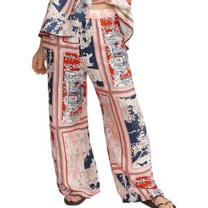 Antrhopologie Maeve Wide Leg Pants Scenic Scarf Print Red Navy Stretch Womens XL